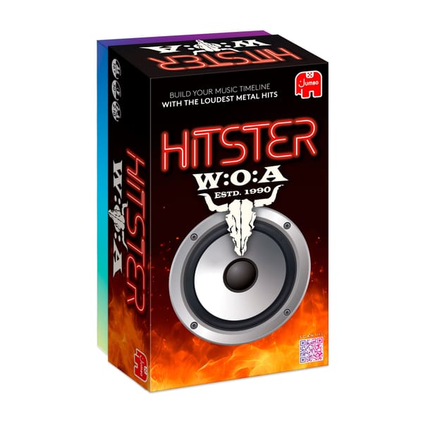 Spielschachtel der Hitster Wacken Edition von Jumbo mit rotem Neon-Schriftzug HITSTER, W:O:A Rinderschaedel-Logo und silbernem Lautsprecher vor Flammenmotiv