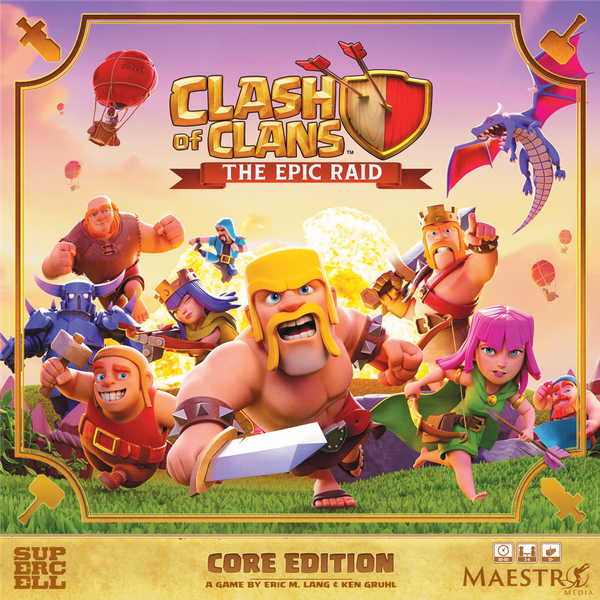 Box-Cover von Clash of Clans: Der epische Überfall, Barbar und Clash-Figuren vor brennendem Dorf