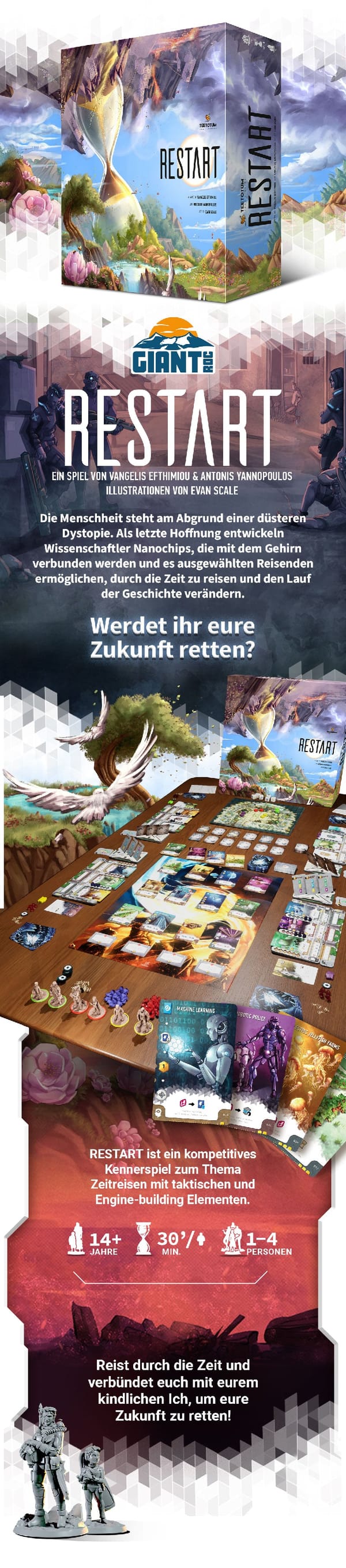 Key-Art der Spieleschmiede-Kampagne Restart, ein Zeitreise-Kennerspiel von Giant Roc