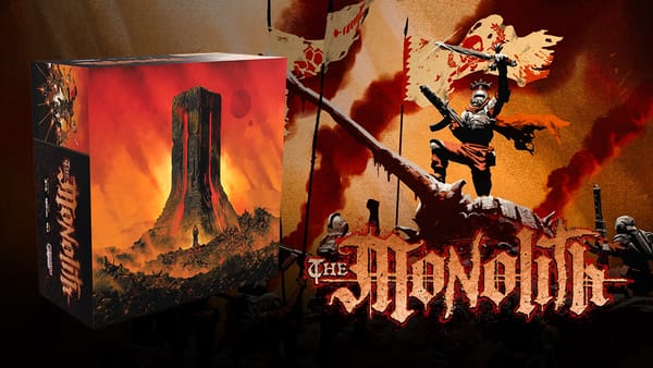 Kampagnen-Keyart zu The Monolith von Plaid Hat Games, Krieger und Kult vor dem titelgebenden Monolithen