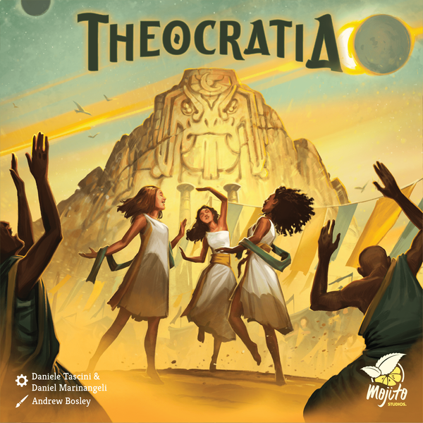 Cover des Brettspiels Theokratia vom Schwerkraft Verlag: drei tanzende Figuren in weißen Gewändern vor einem goldenen Tempelberg unter einer Sonnenfinsternis.