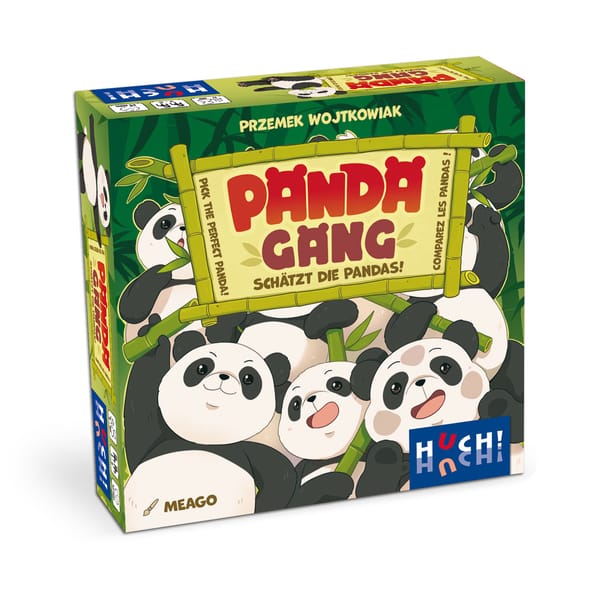 Verpackung von Panda Gang (HUCH!): Cartoon-Pandas mit Bambusrahmen und Schriftzug „Pick the perfect Panda“