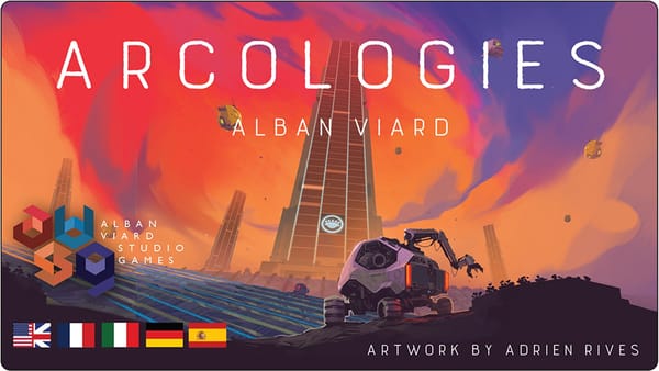 Kampagnenbild zu Arcologies von Alban Viard: ein Erkundungsfahrzeug vor einem futuristischen Turm unter orange-violettem Himmel