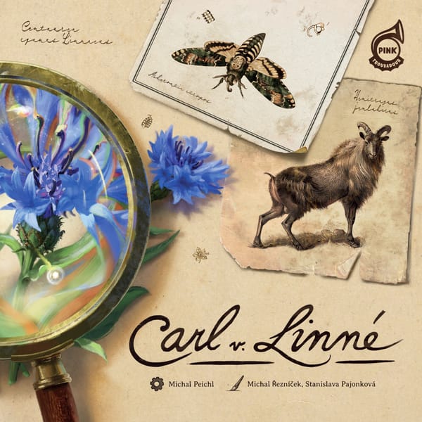 Verpackung von Carl von Linné (Pink Troubadour): Collage aus naturkundlichen Zeichnungen, Lupe mit Kornblume und Schriftzug des Spieltitels