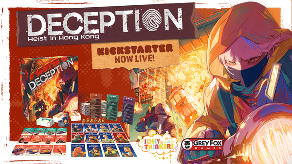 Kampagnen-Key-Art von Deception: Heist in Hong Kong mit Spielschachtel und Charakterkunst